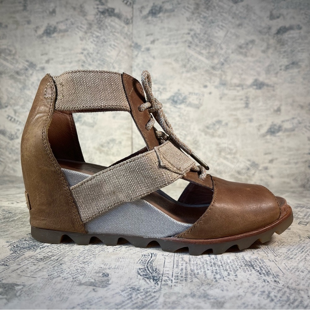 SOREL Joanie Lace Up Wedge Sandals Leather Canvas Comfort Shoes